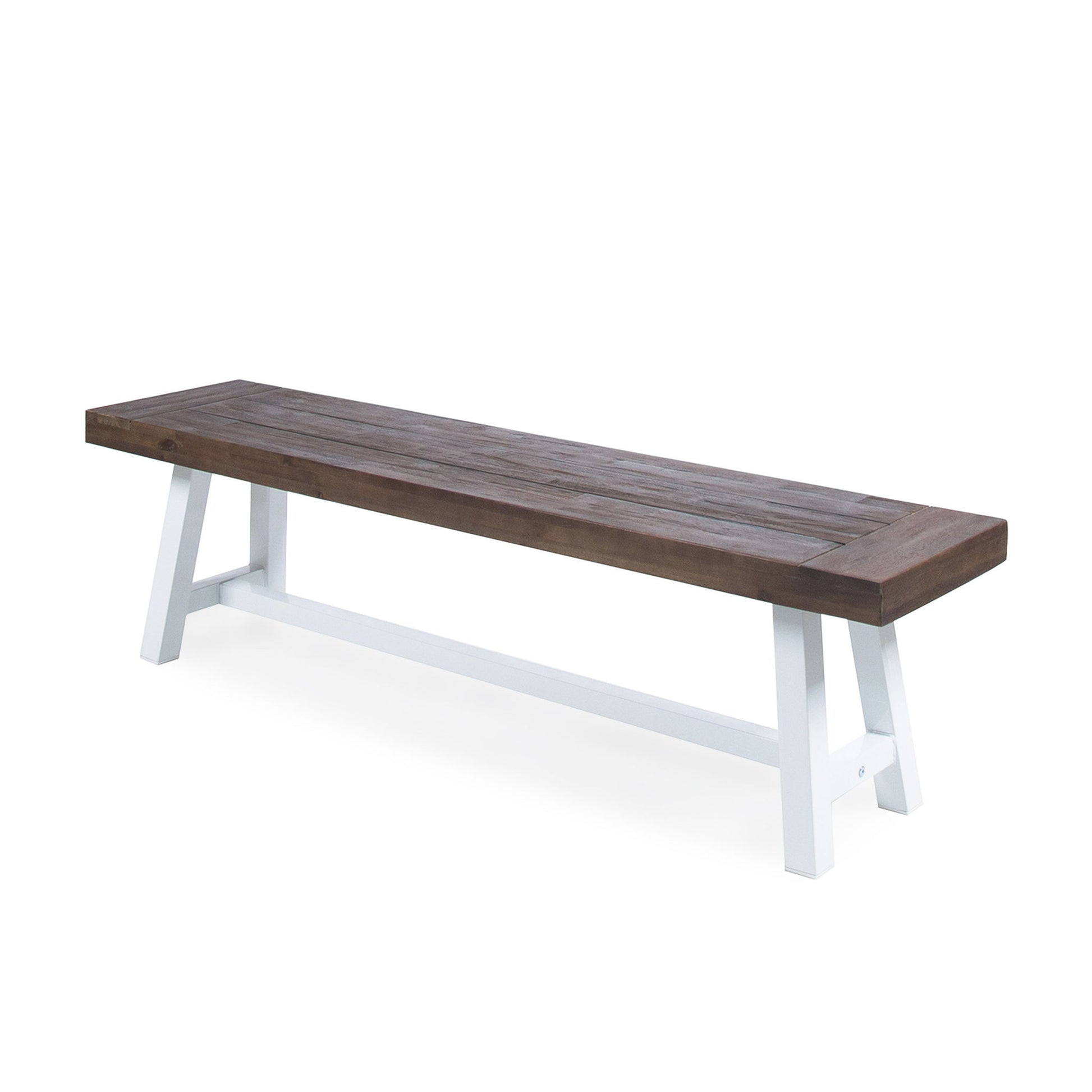 The Tranquilizer Outdoor Acacia Wood Bench features a dark brown slat panel seat and white angled legs with a connecting support bar, set against a plain white background.