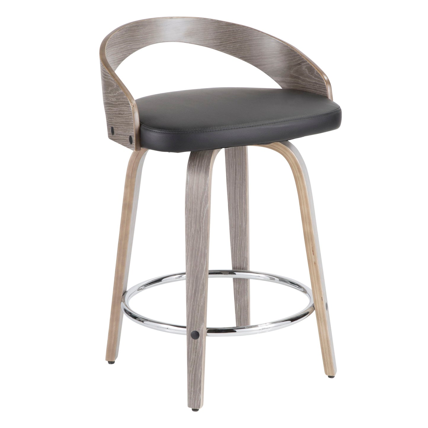 The Grotto - Contemporary Fixed Height Counter Stool & Swivel (Set of 2) features light wood legs, a curved wooden backrest, a black cushioned seat, and a round chrome footrest.