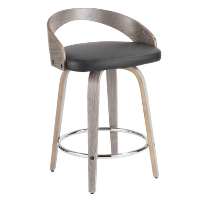 The Grotto - Contemporary Fixed Height Counter Stool & Swivel (Set of 2) features light wood legs, a curved wooden backrest, a black cushioned seat, and a round chrome footrest.
