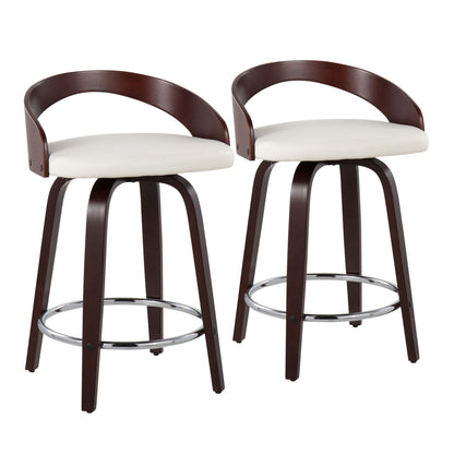 Set of 2 Grotto Contemporary Fixed Height Counter Stools feature dark wood frames, curved open backs, white upholstered seats, and round chrome footrests. Swivel design adds a modern touch to your kitchen or bar area.