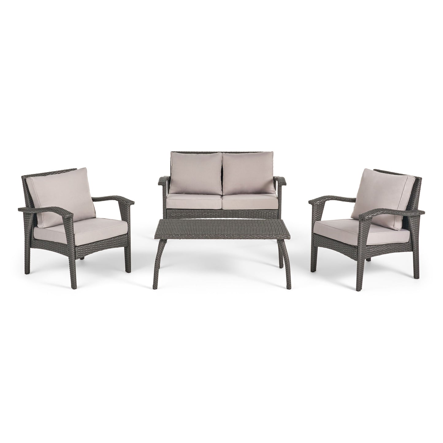 The Honolulu - Wicker Set Outdoor Seating is a four-piece patio set with two armchairs, a loveseat, and a rectangular coffee table, all made of gray wicker frames and light gray cushions.