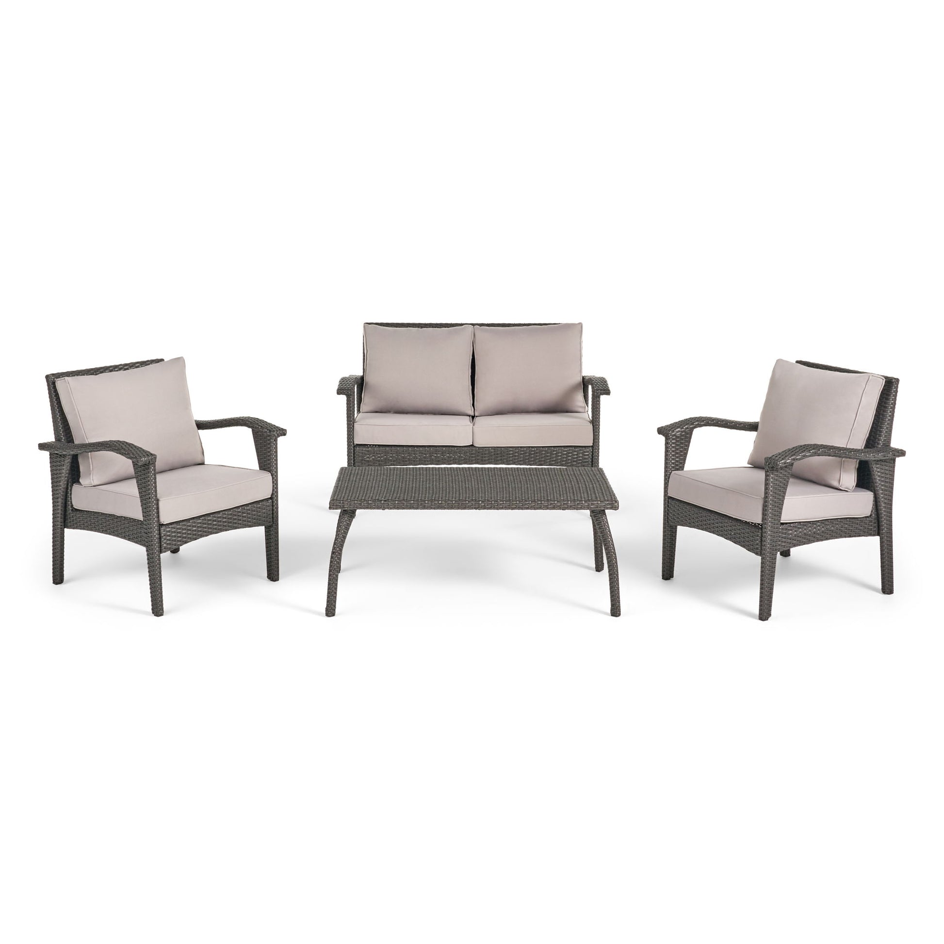 The Honolulu - Wicker Set Outdoor Seating is a four-piece patio set with two armchairs, a loveseat, and a rectangular coffee table, all made of gray wicker frames and light gray cushions.