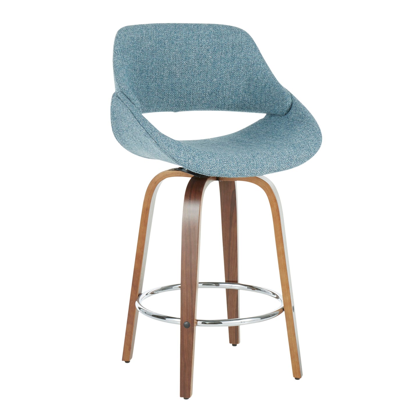 The Fabrico set features mid-century modern counter stools with curved, light blue upholstered seats, open lower backs, wooden legs, and a circular chrome footrest. Comes as a set of 2 at fixed height.