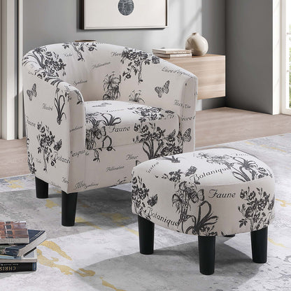 Accent Chair With Matching Ottoman Upholstered Round Backrest, Seating Set - Off White / White