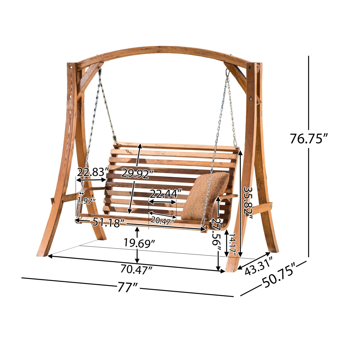 The San Juan - Outdoor Swinging Loveseat With Support features a slatted seat and backrest, sturdy arched frame, cushion on the seat, and multiple frame, seat, and swing dimensions listed in inches.