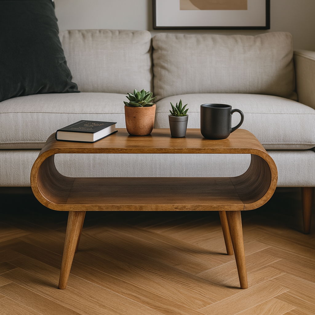 The Solid Wood Open Coffee Table with rounded edges holds two potted succulents, a closed book, and a black mug. Behind it is a light-colored sofa set on a wooden floor.