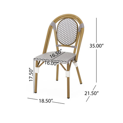 The Outdoor Rattan And Aluminum French Bistro Chair Set features a rattan-style design with woven gray and white seat and backrest. Dimensions: 35"H x 18.5"W x 21.5"D; seat: 16.5"W x 16"D x 17.5"H.