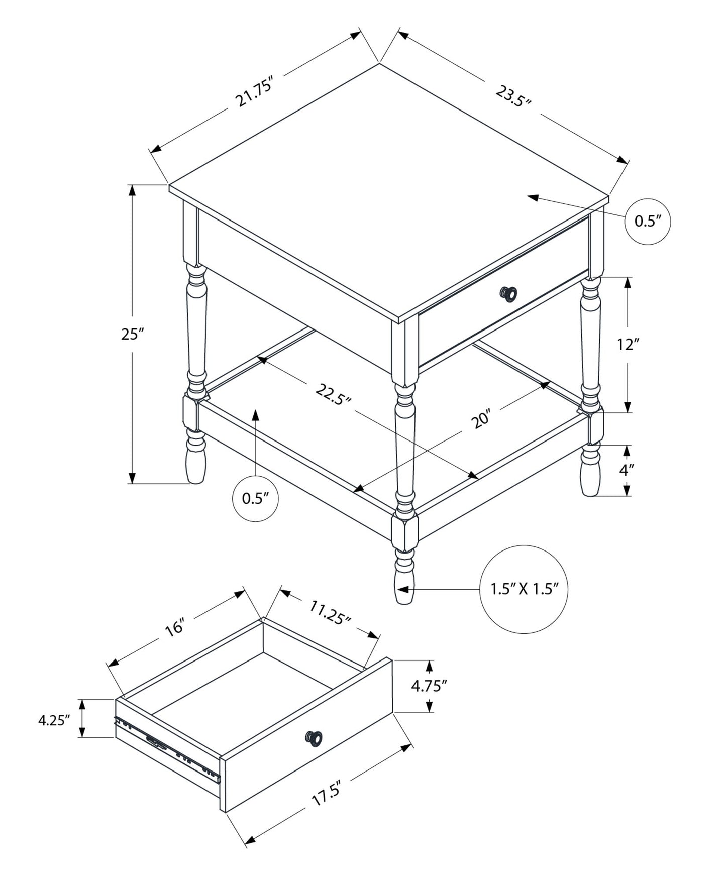 Black and white line drawing of the Accent 2 Tier Square Traditional Table in Walnut, showing detailed table and drawer dimensions. The table measures 25" high, 21.75" wide, and 23.5" deep, with one drawer and a lower shelf.
