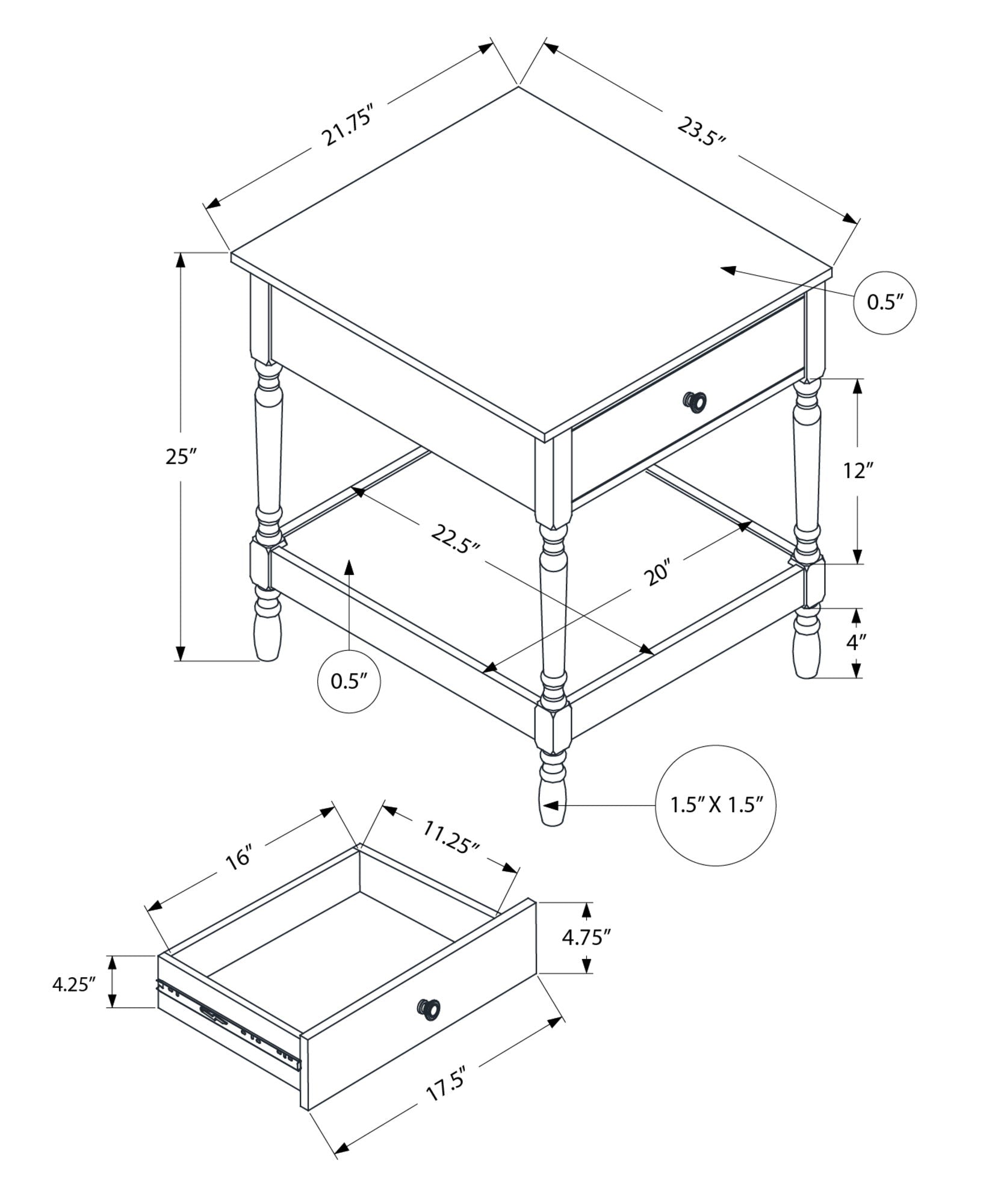 Black and white line drawing of the Accent 2 Tier Square Traditional Table in Walnut, showing detailed table and drawer dimensions. The table measures 25" high, 21.75" wide, and 23.5" deep, with one drawer and a lower shelf.