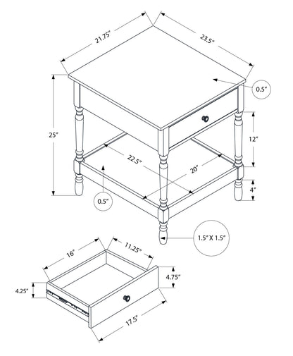 Black and white line drawing of the Accent 2 Tier Square Traditional Table in Walnut, showing detailed table and drawer dimensions. The table measures 25" high, 21.75" wide, and 23.5" deep, with one drawer and a lower shelf.