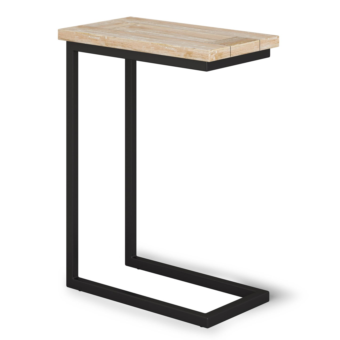 The Skyler - C Side Handcrafted Table features a light wood top and black metal frame, designed in a modern C-shape to slide easily beneath sofas or chairs for added convenience.
