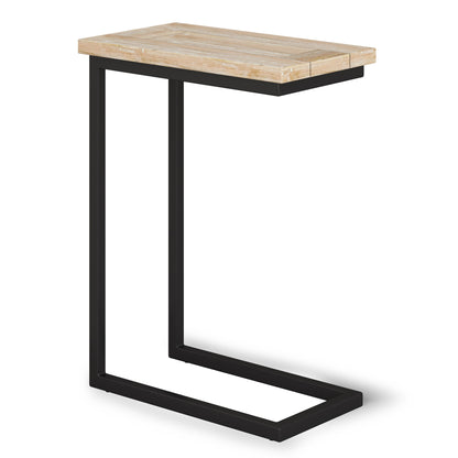 The Skyler - C Side Handcrafted Table features a light wood top and black metal frame, designed in a modern C-shape to slide easily beneath sofas or chairs for added convenience.