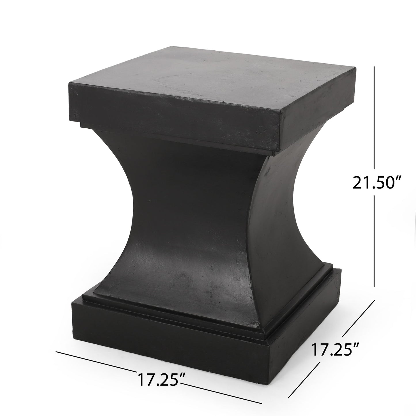 The Athena Modern Side Table features a black, square pedestal design with a concave middle. Both top and base are 17.25" wide, and the table stands 21.5" tall.