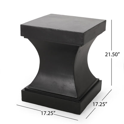 The Athena Modern Side Table features a black, square pedestal design with a concave middle. Both top and base are 17.25" wide, and the table stands 21.5" tall.