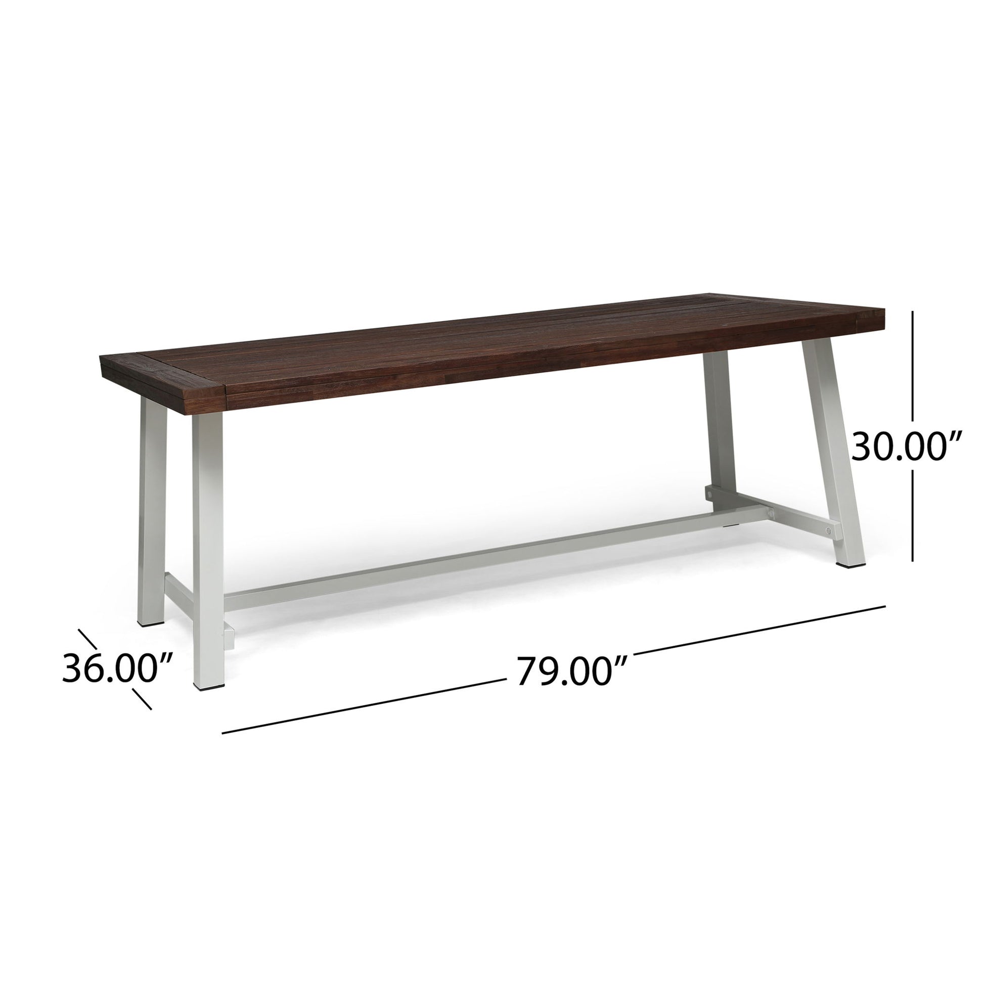 The Equilibrium Outdoor Dining Table features a wooden frame with a slatted top, measuring 79"L x 36"W x 30"H. Each side is labeled with its dimensions.
