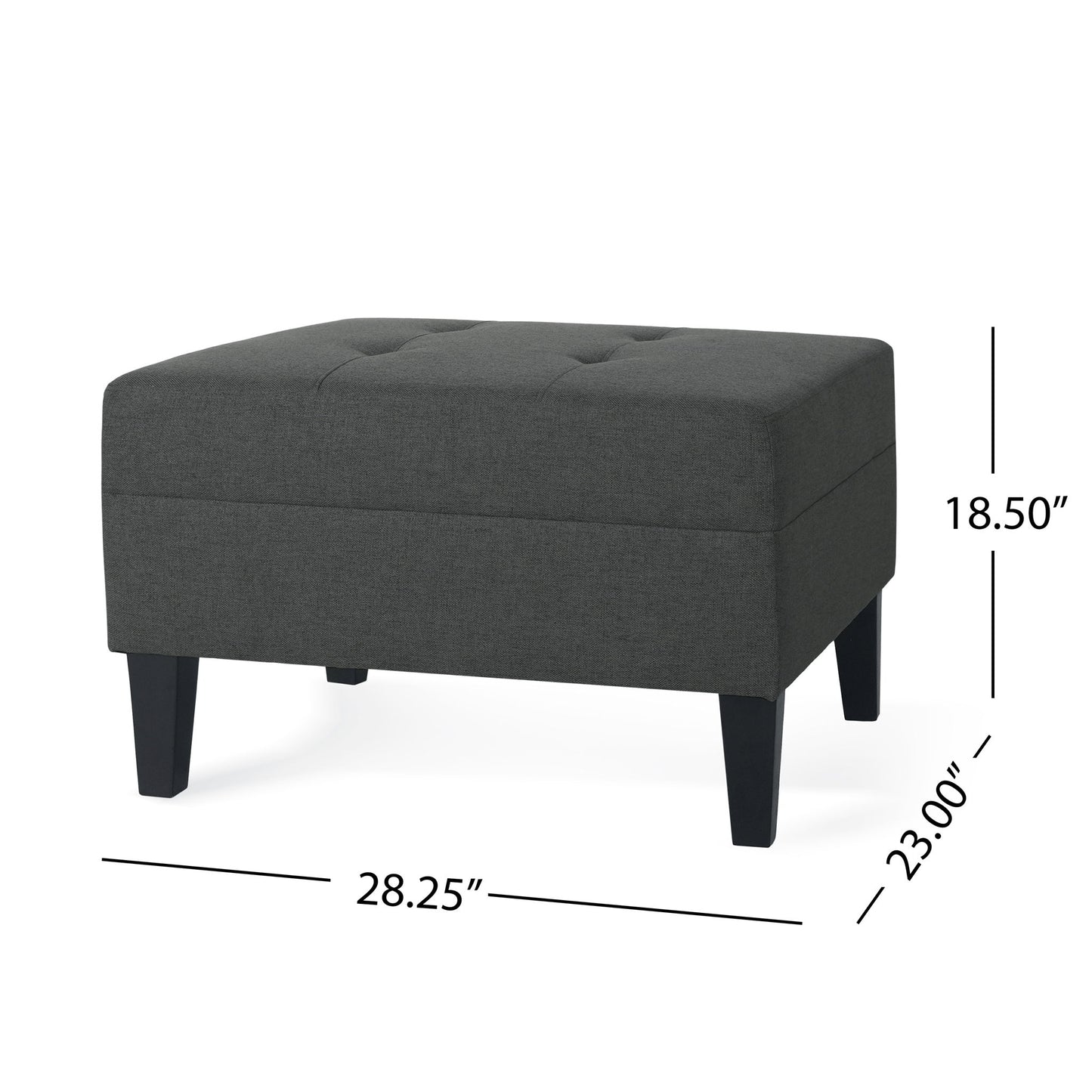 The Classic Ottoman With Birch Wood Legs And Fabric Upholstery features a dark gray tufted top, four black legs, and measures 28.25" W x 23" D x 18.5" H for versatile and stylish seating or storage.