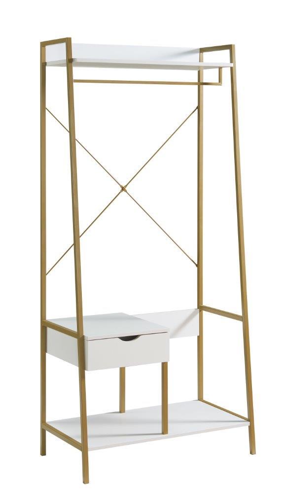The Metal Clothes Rack Open Wardrobe features a minimalist design with a light wood frame, hanging rod, lower shelf, and one white drawer alongside an open cubby. Its freestanding structure offers clean lines for modern spaces.
