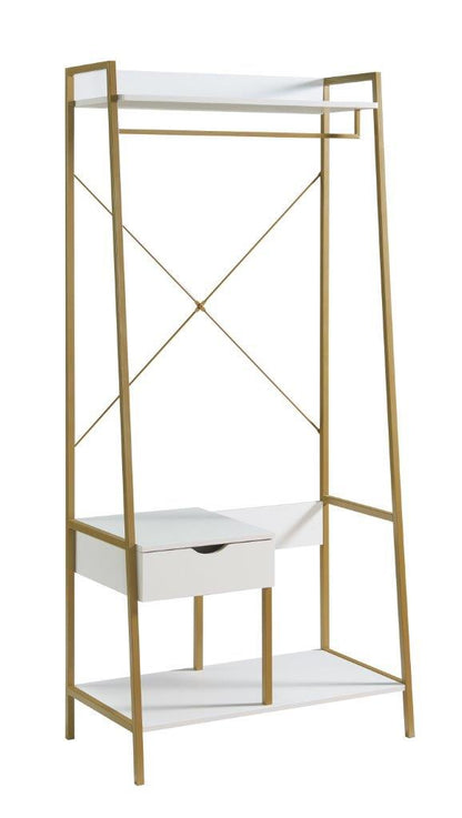 The Metal Clothes Rack Open Wardrobe features a minimalist design with a light wood frame, hanging rod, lower shelf, and one white drawer alongside an open cubby. Its freestanding structure offers clean lines for modern spaces.