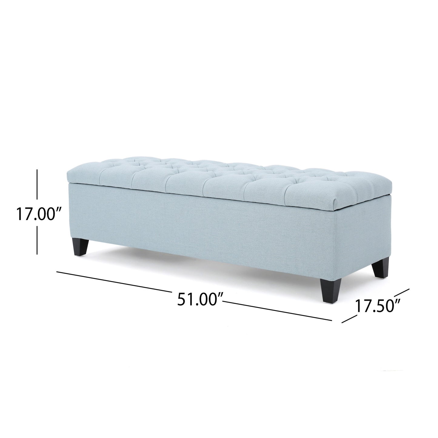 The Glouster Contemporary Storage Ottoman features a light blue upholstered, button-tufted top, black legs, and measures 51"L x 17.5"D x 17"H.
