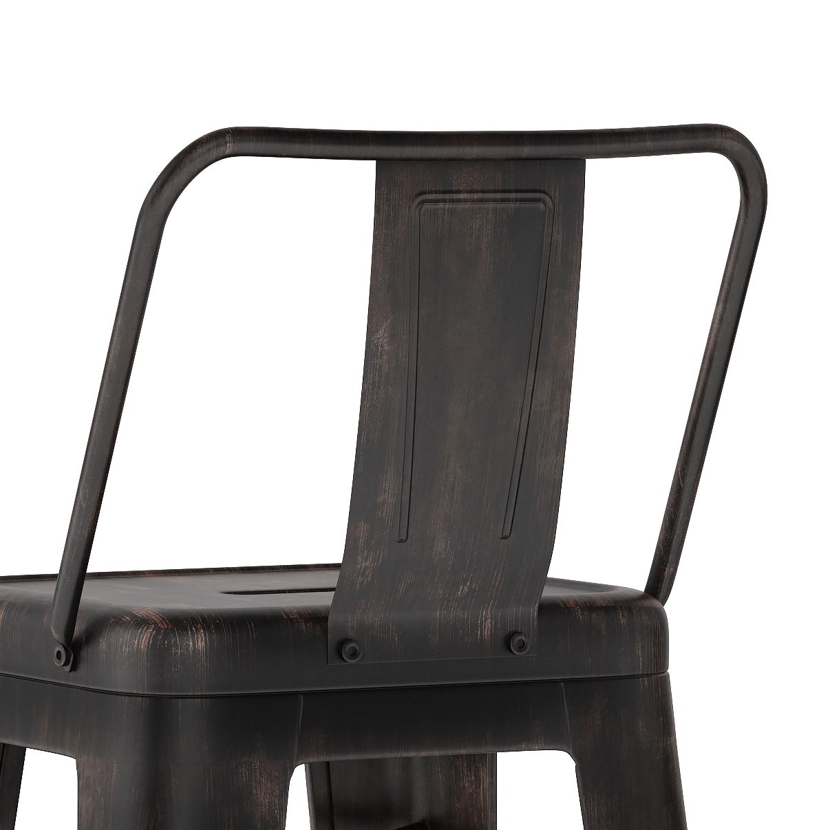A close-up of the Rayne - Curved Back Metal Stool (Set of 2), showcasing its slightly curved backrest, distressed dark finish, and simple industrial-style design.