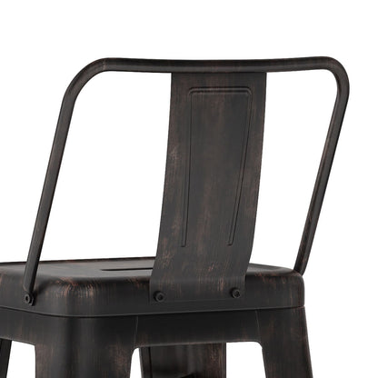 A close-up of the Rayne - Curved Back Metal Stool (Set of 2), showcasing its slightly curved backrest, distressed dark finish, and simple industrial-style design.