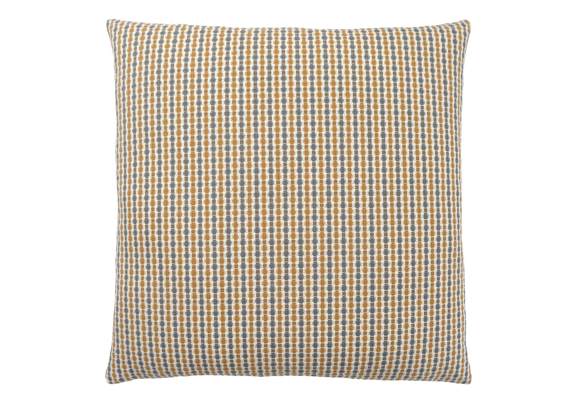 Square decorative throw pillow with insert, hypoallergenic. Features a textured cream fabric adorned with small yellow and blue dots arranged in vertical rows across the entire cushion.