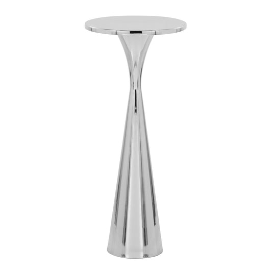 The Gemma - Sleek Design Side Table features a modern, tall, round shape with a shiny silver metal finish, smooth tapered base, and circular tabletop.