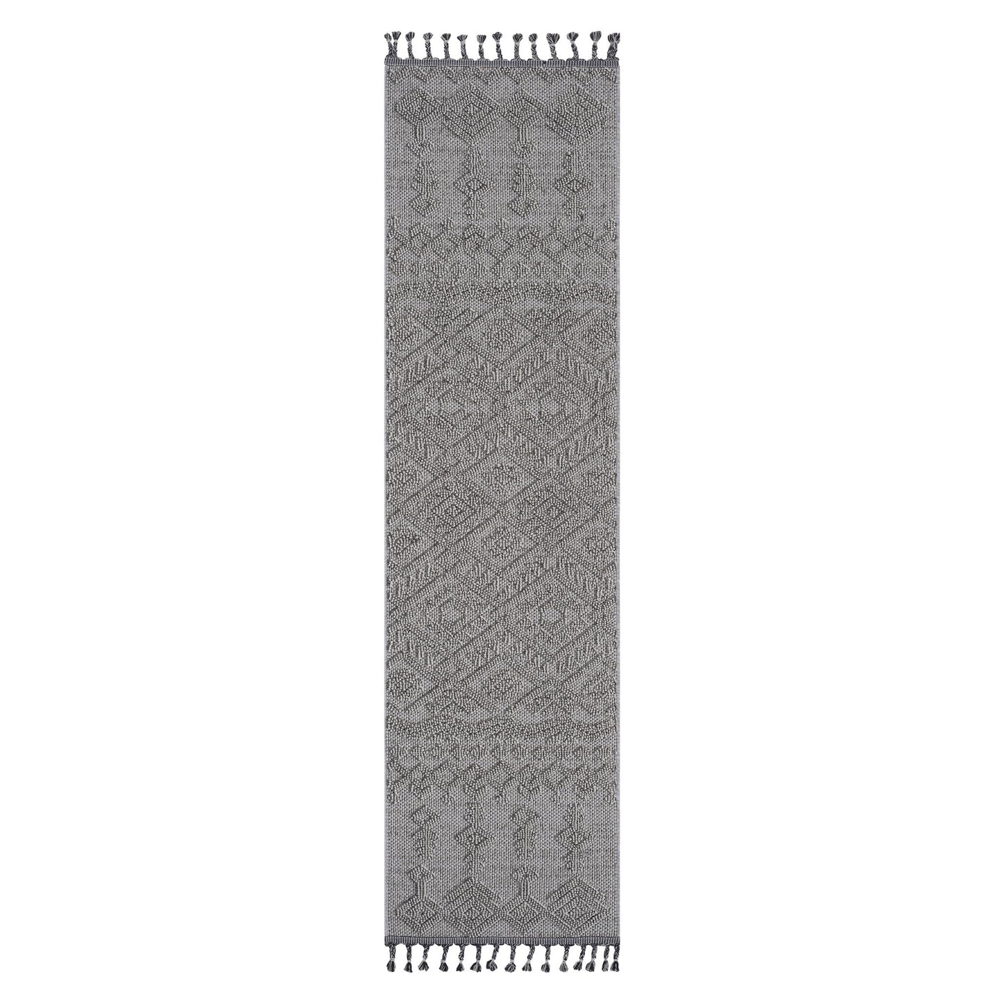 The Guros - Traditional Indoor/Outdoor Area Rug is a long, narrow gray runner with intricate geometric patterns and tassels at both ends.