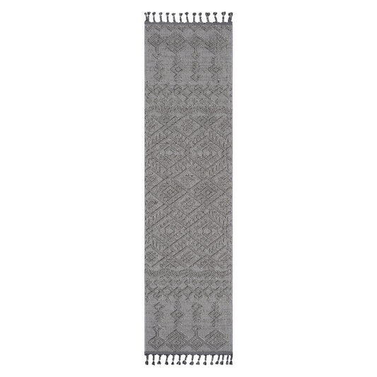 The Guros - Traditional Indoor/Outdoor Area Rug is a long, narrow gray runner with intricate geometric patterns and tassels at both ends.