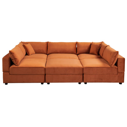 The Uptown Modular Sofa in burnt orange features modern L-shaped design, deep seating, thick cushions, and several matching throw pillows for comfort and style.