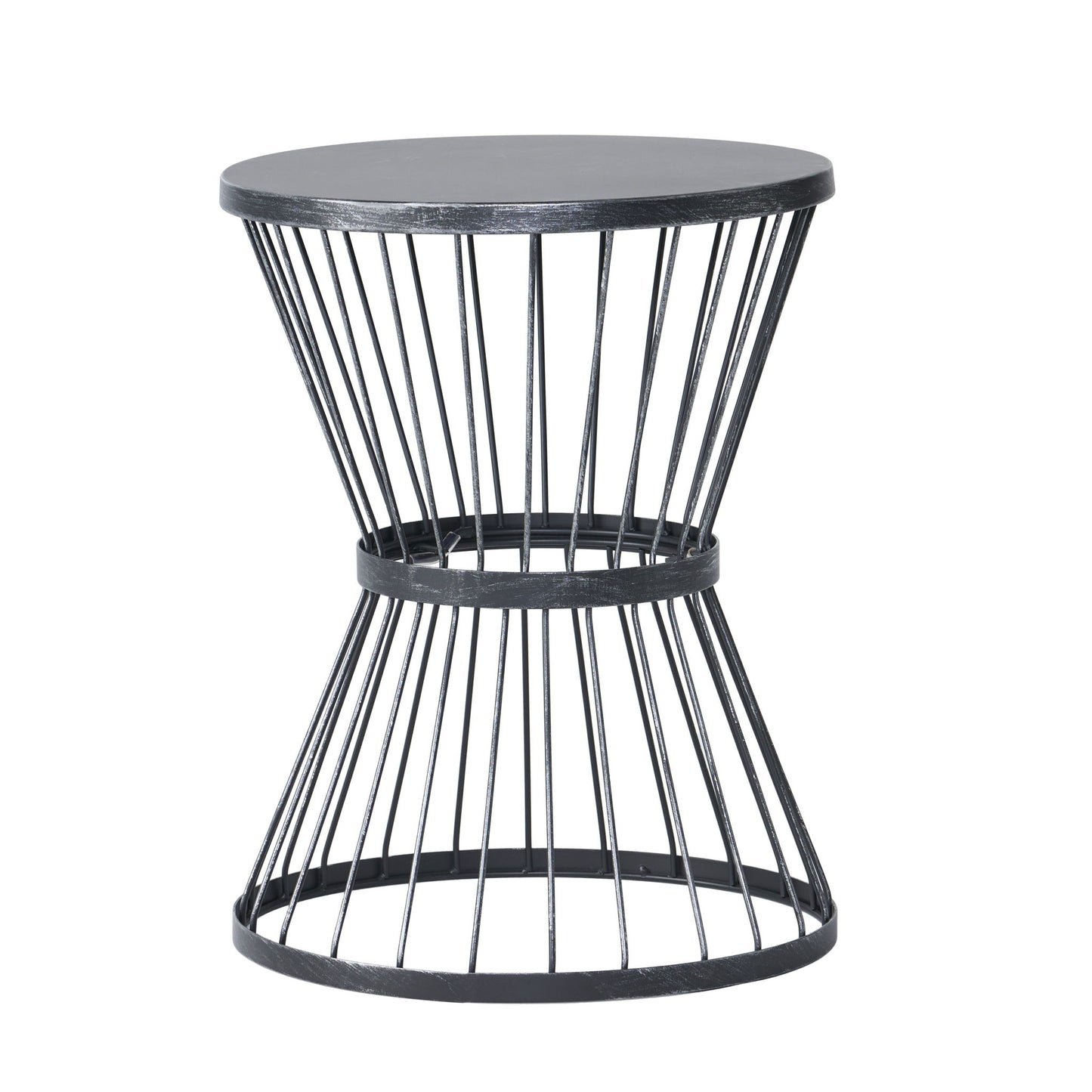The Lassen Modern Outdoor Side Table features a minimalist hourglass design with a black metal frame and circular base and tabletop, connected by vertical rods for a sleek, contemporary look.