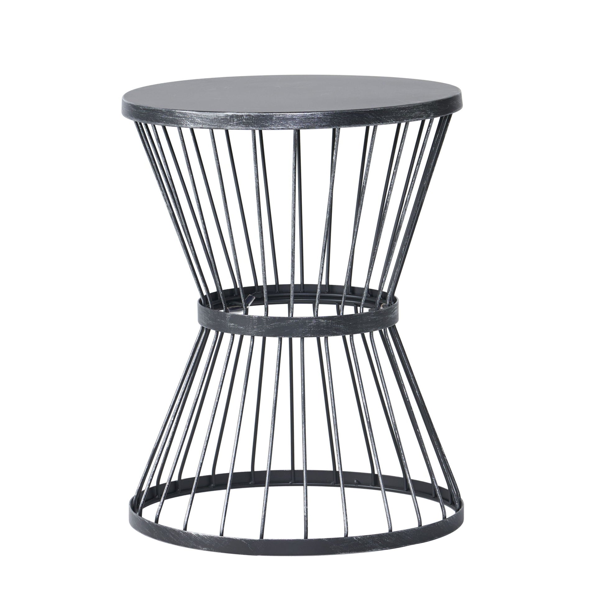 The Lassen Modern Outdoor Side Table features a minimalist hourglass design with a black metal frame and circular base and tabletop, connected by vertical rods for a sleek, contemporary look.