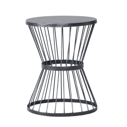 The Lassen Modern Outdoor Side Table features a minimalist hourglass design with a black metal frame and circular base and tabletop, connected by vertical rods for a sleek, contemporary look.
