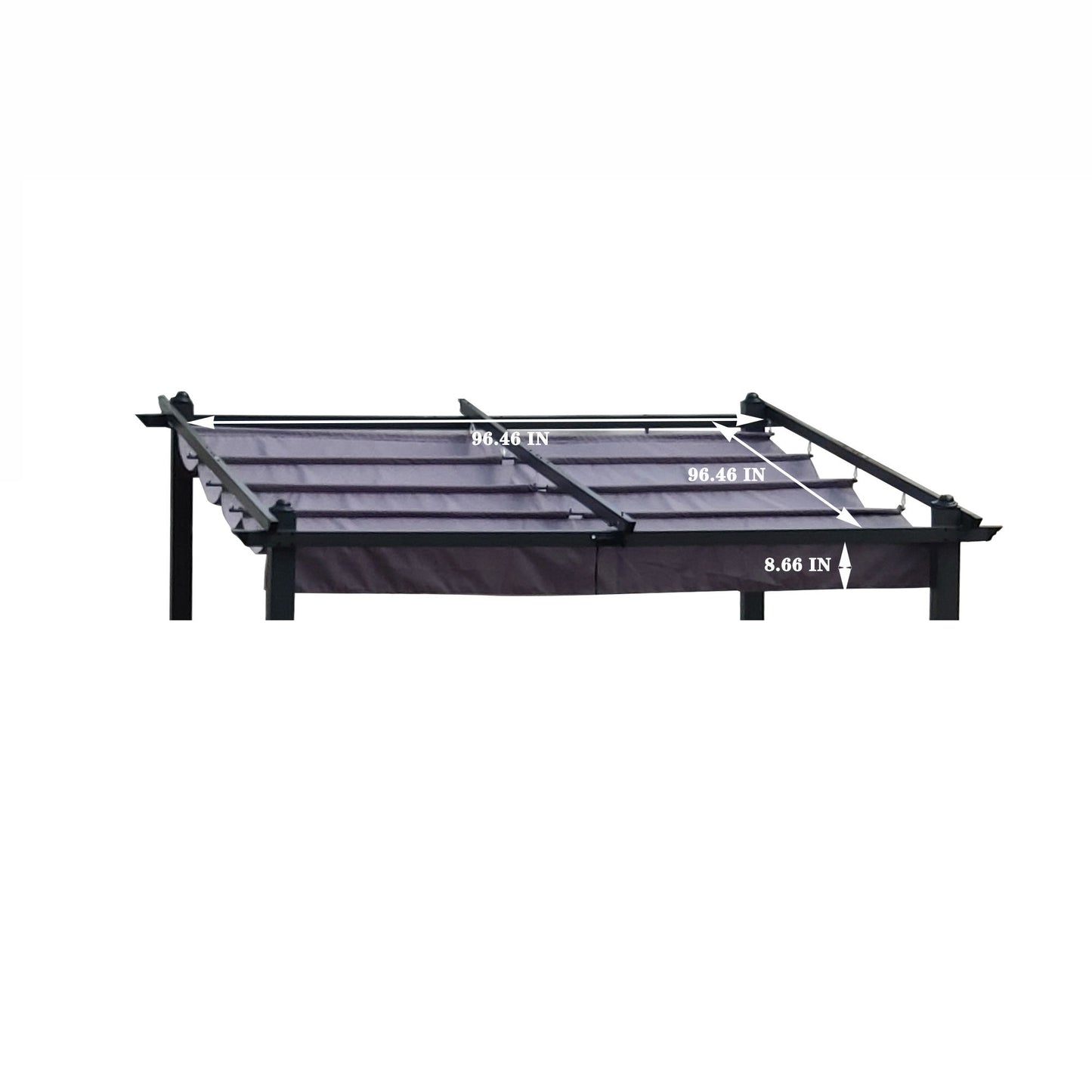 A Replacement Canopy Top Cover Fabric for Outdoor Patio Retractable Pergola Sun-Shelter, fits structures 96.46" wide x 96.46" deep, with a folded canopy height of 8.66", in black metal frame style.