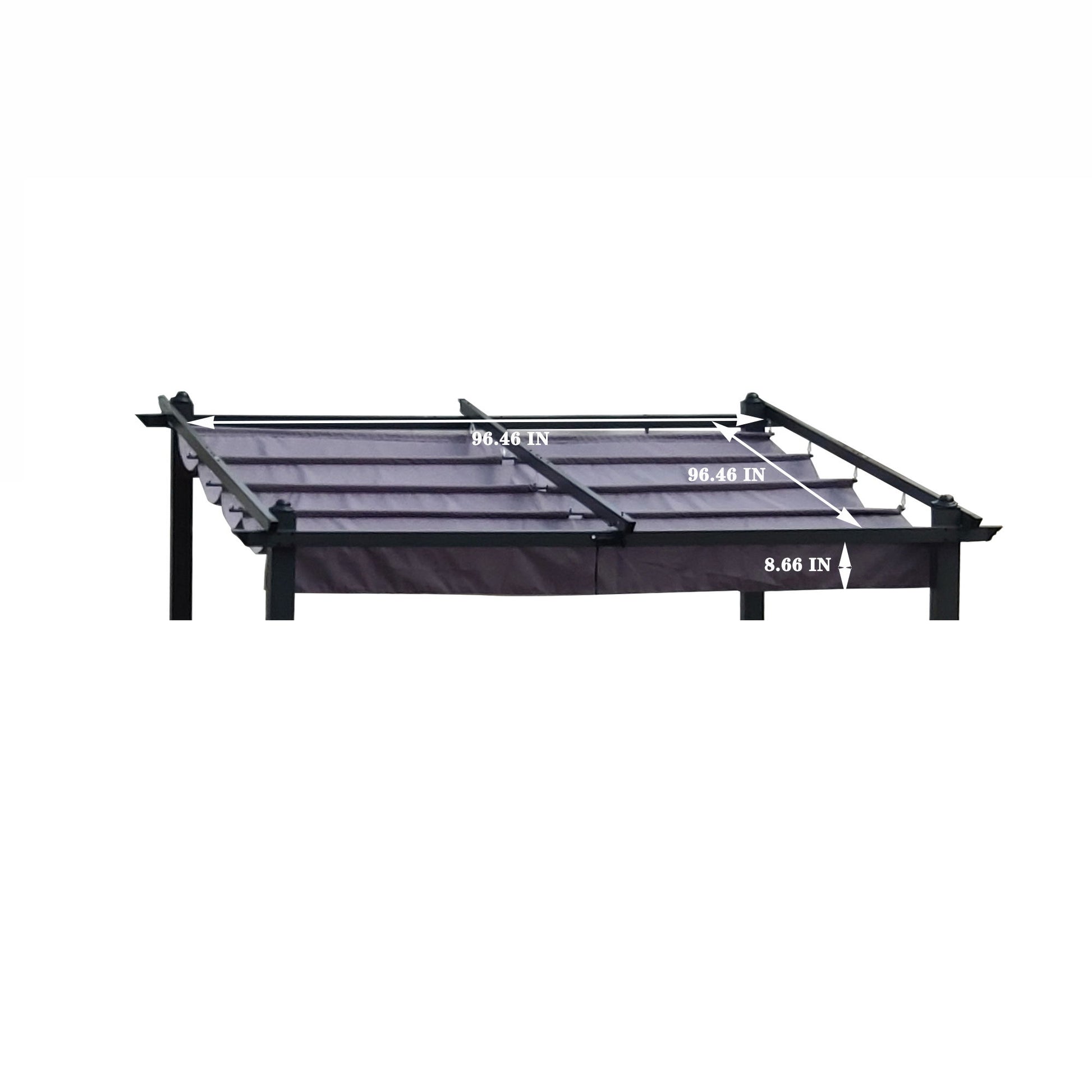 A Replacement Canopy Top Cover Fabric for Outdoor Patio Retractable Pergola Sun-Shelter, fits structures 96.46" wide x 96.46" deep, with a folded canopy height of 8.66", in black metal frame style.