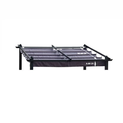 A Replacement Canopy Top Cover Fabric for Outdoor Patio Retractable Pergola Sun-Shelter, fits structures 96.46" wide x 96.46" deep, with a folded canopy height of 8.66", in black metal frame style.