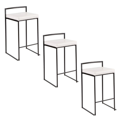 Three Fuji Contemporary Style Stackable Counter Stools with white square seats, black metal frames, and minimalist backrests are arranged diagonally on a white background.