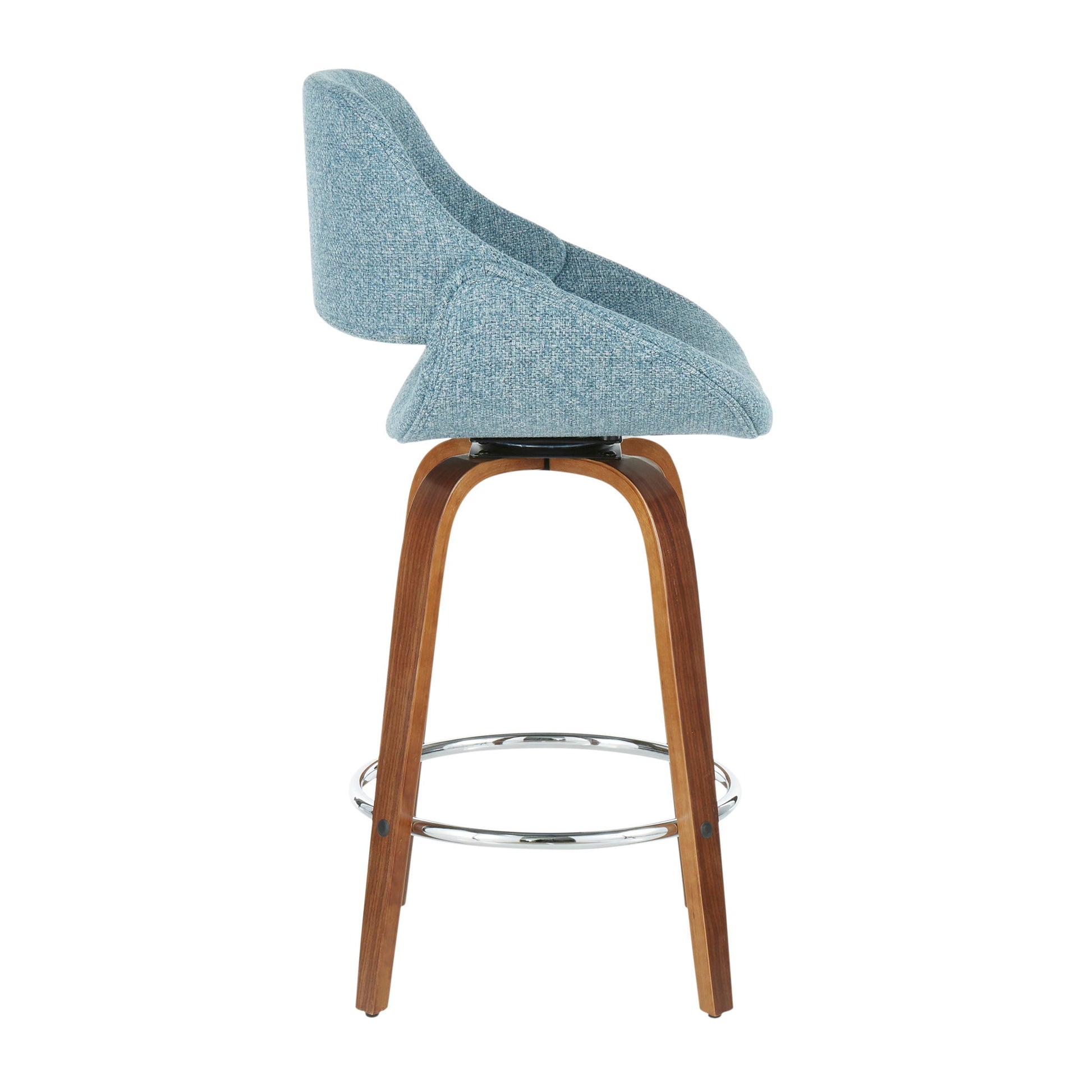 Side view of Fabrico Mid Century Modern Counter Stool set featuring a light blue upholstered seat, curved backrest, wooden legs, and a round chrome footrest. Set of 2.