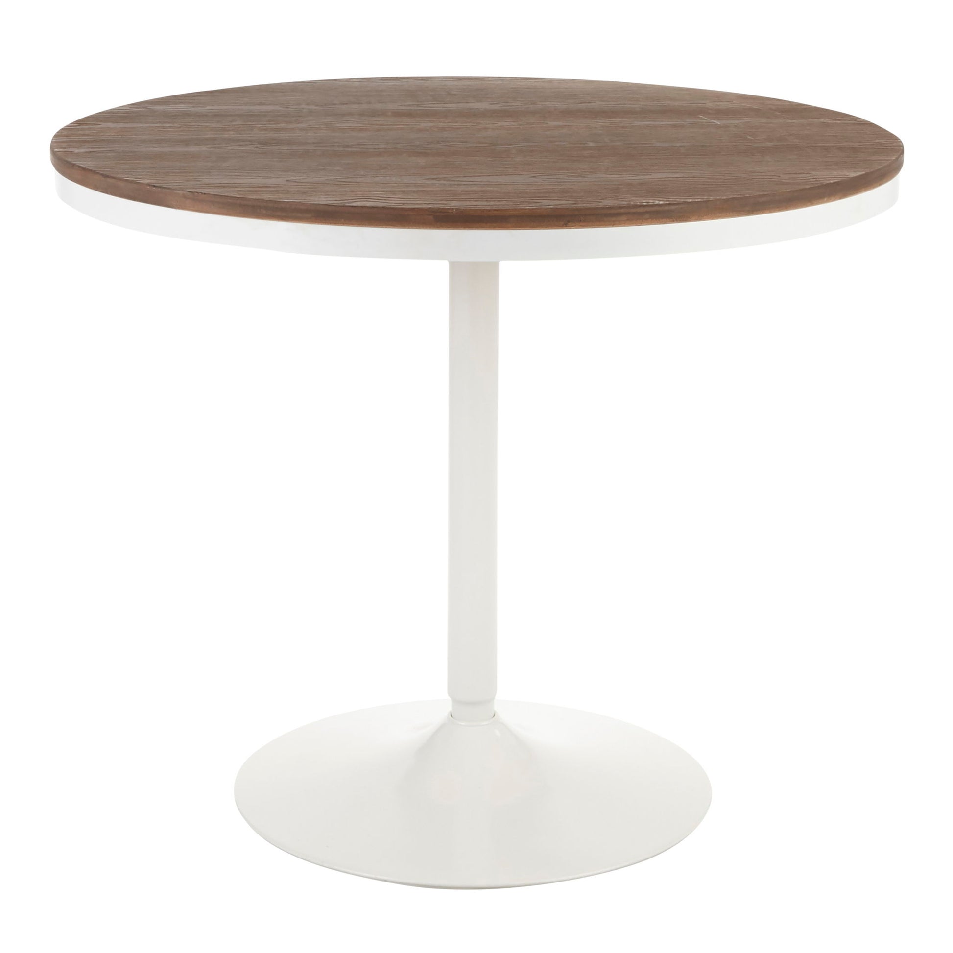 The Dakota Charlotte - 5 Piece Contemporary Design Dining Set features a round table with a dark wooden top and single white pedestal base, displayed against a plain white background.