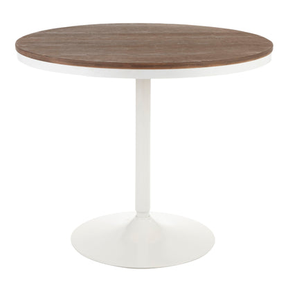 The Dakota Charlotte - 5 Piece Contemporary Design Dining Set features a round table with a dark wooden top and single white pedestal base, displayed against a plain white background.