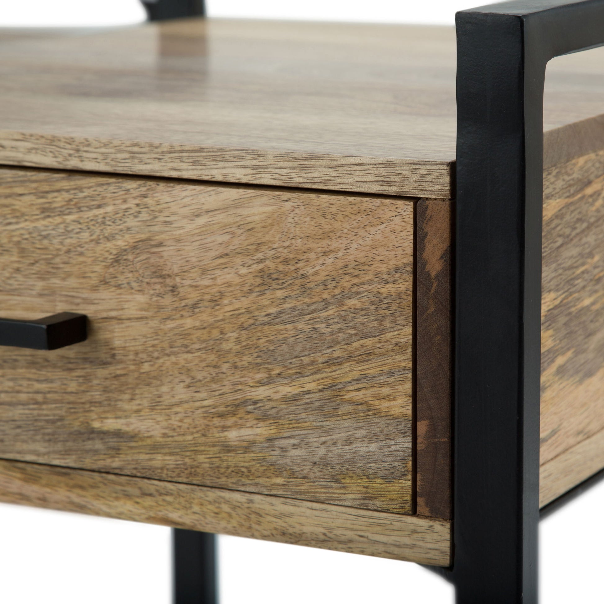 Close-up of the Riverside Table's wooden drawer with a natural finish, black metal frame, and rectangular black handle, highlighting its modern industrial style.