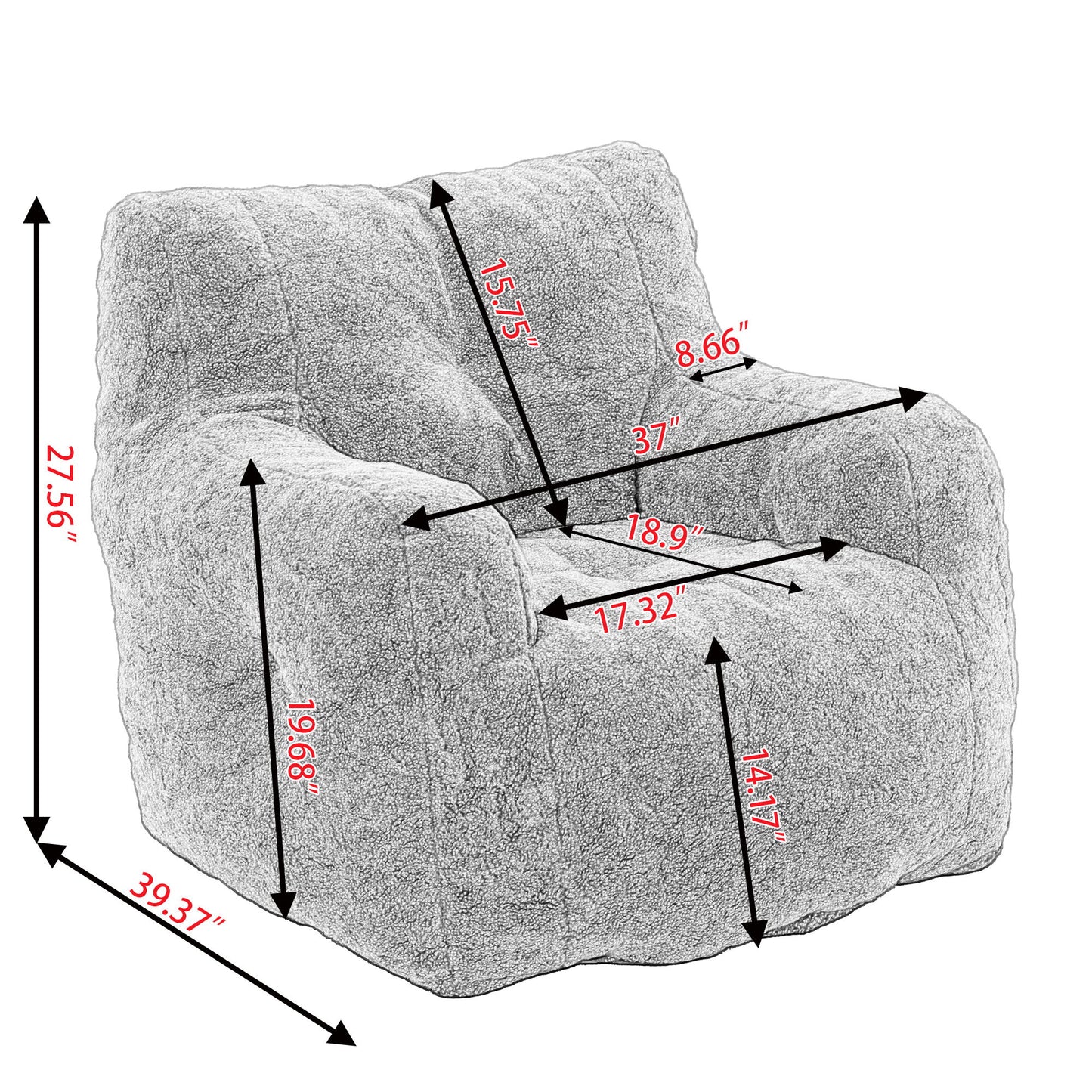 The Soft Teddy Fabric Tufted Foam Bean Bag Chair features measurements of 27.56" H, 39.37" D, 37" W, seat height 19.68", backrest height 15.75", seat depth 18.9", and armrest height 14.17".