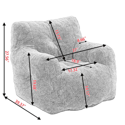 The Soft Teddy Fabric Tufted Foam Bean Bag Chair features measurements of 27.56" H, 39.37" D, 37" W, seat height 19.68", backrest height 15.75", seat depth 18.9", and armrest height 14.17".