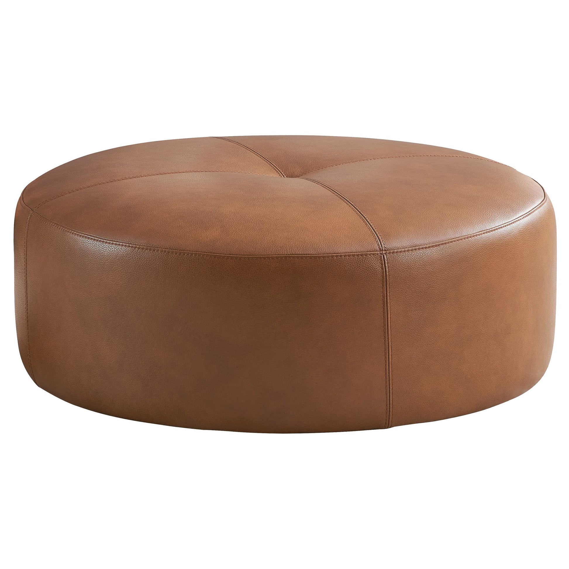 The Rochelin - Ottoman - Tan features a round, tan leather design with visible stitching and a smooth, cushioned surface, shown against a plain white background.