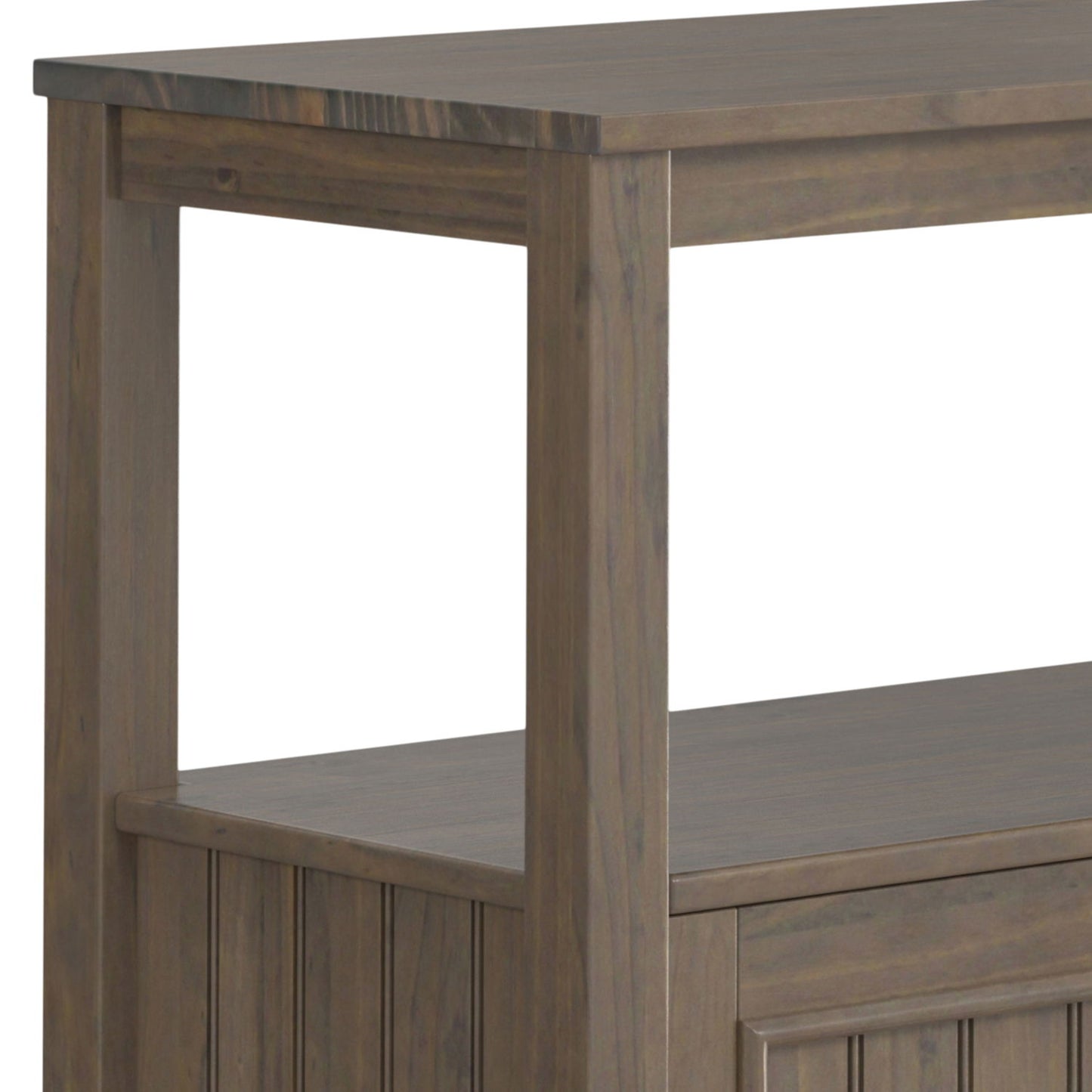 A close-up of the Lev Console Table in Smoky Brown, highlighting its rustic finish, corner detail, and two shelves, set against a white background.