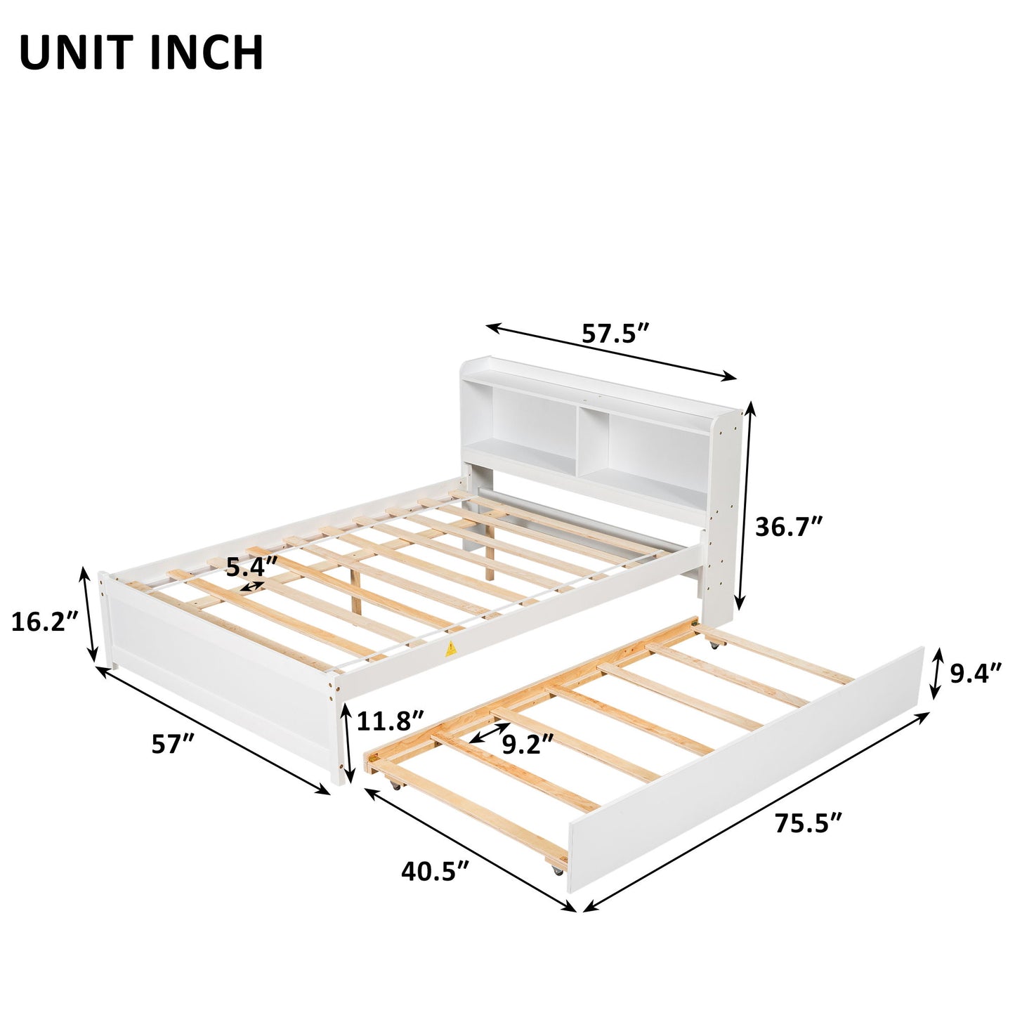 Full Bed With Trundle, Bookcase: white frame with slatted base, shelves in the headboard; measures 57.5"W x 75.5"L x 36.7"H, with additional labeled dimensions for various parts.