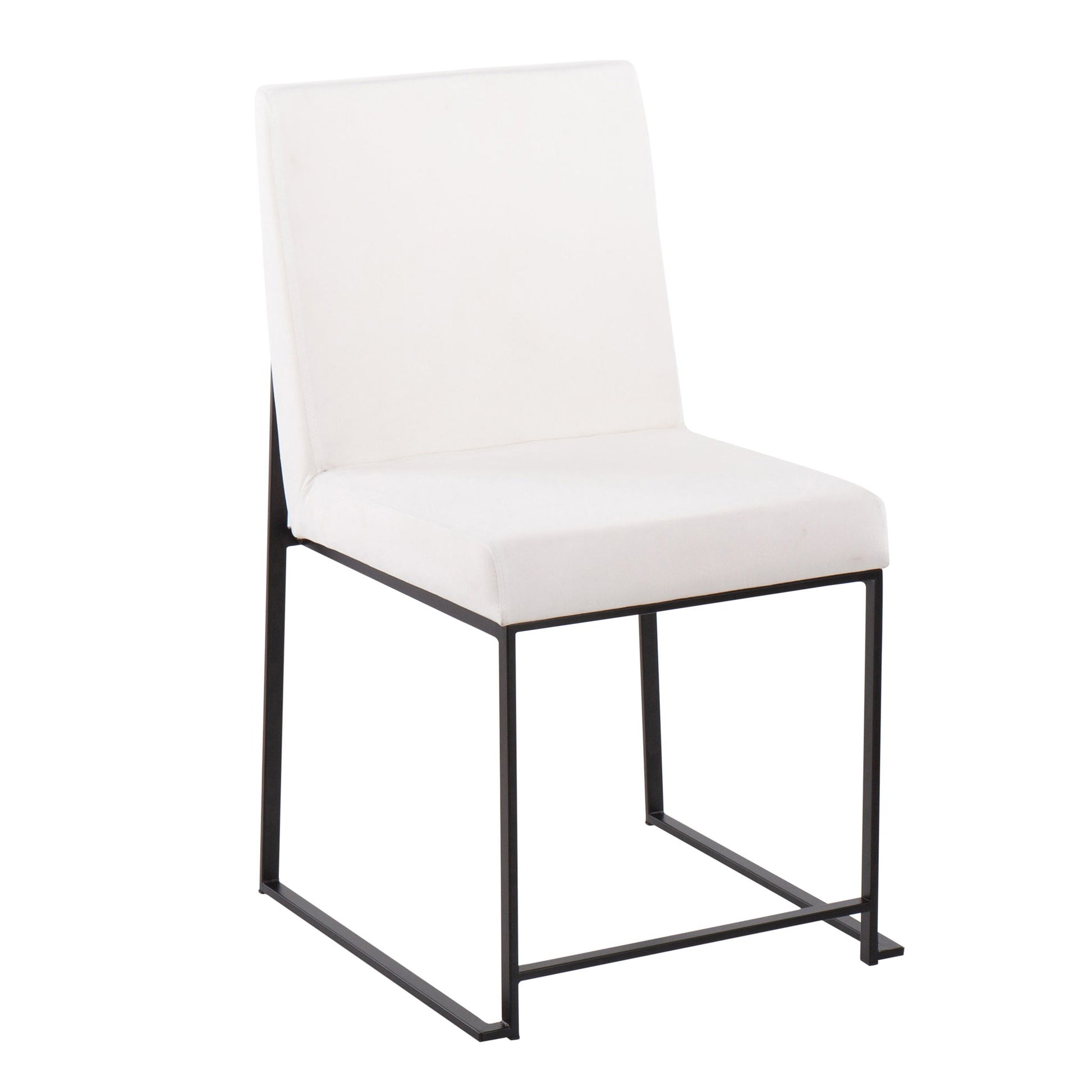 The Fuji High Back Dining Chair (Set of 2) boasts contemporary elegance with a white cushioned seat and backrest, plus a minimalist black metal frame and straight legs.