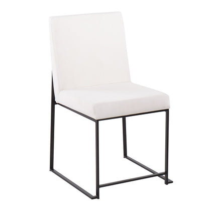 The Fuji High Back Dining Chair (Set of 2) boasts contemporary elegance with a white cushioned seat and backrest, plus a minimalist black metal frame and straight legs.