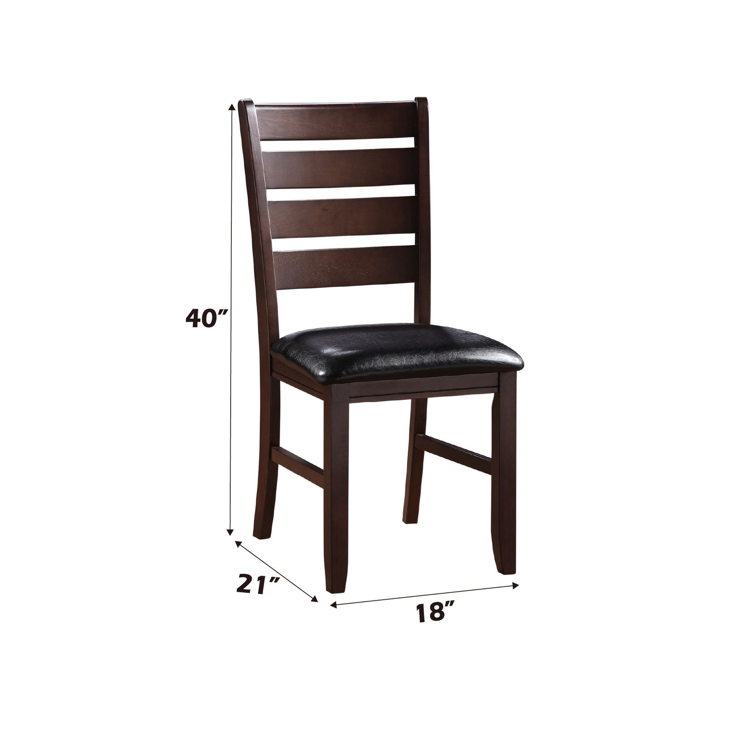 The Urbana Synthetic Leather Side Chair (Set of 2) features a dark wooden frame, slatted backrest, and black cushioned seat. Each chair measures 40" high, 21" deep, and 18" wide.