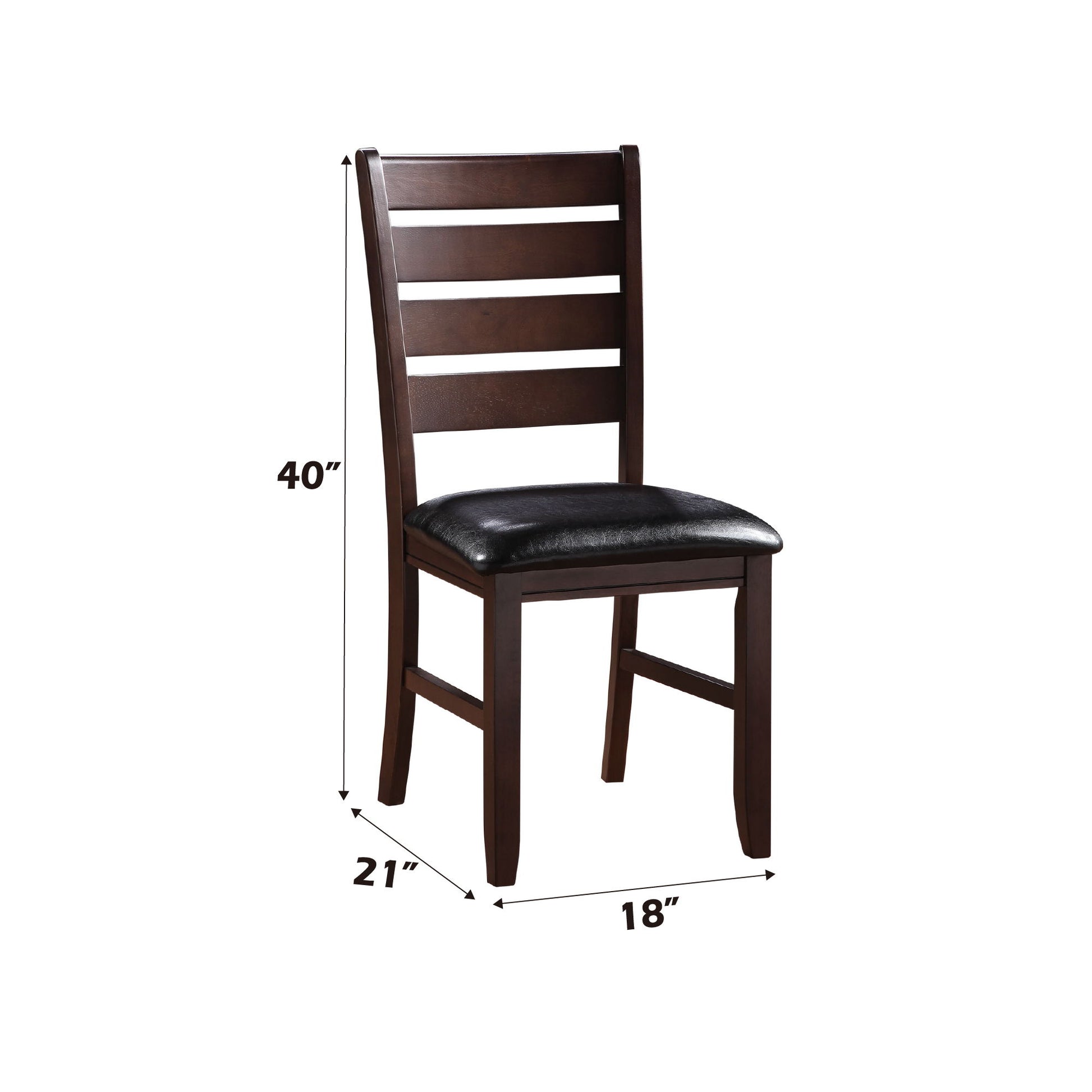 The Urbana Synthetic Leather Side Chair (Set of 2) features a dark wooden frame, slatted backrest, and black cushioned seat. Each chair measures 40" high, 21" deep, and 18" wide.